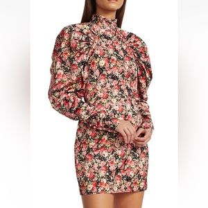 Rotate Birger Christensen Kim Satin Floral Puff-Sleeve Mini-Dress US 4